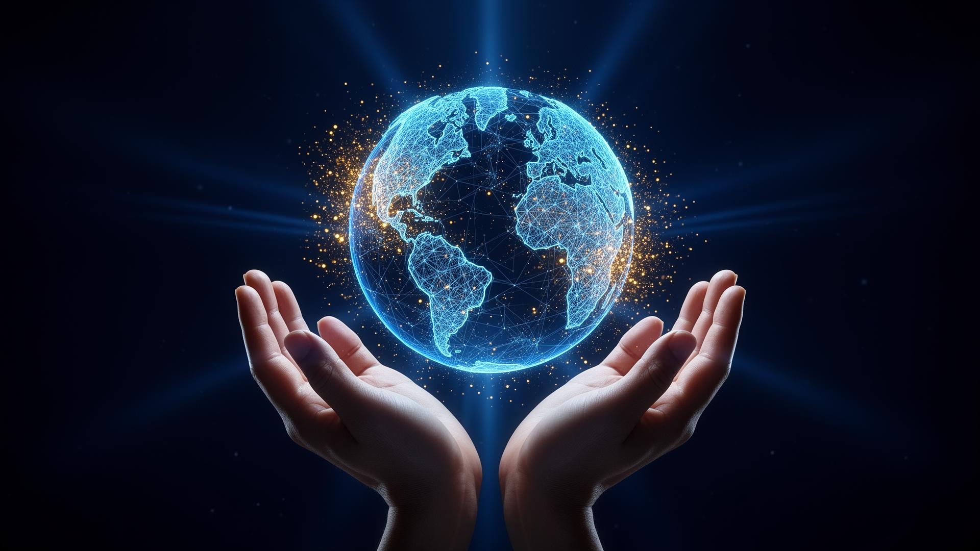 Hands holding a glowing holographic digital globe